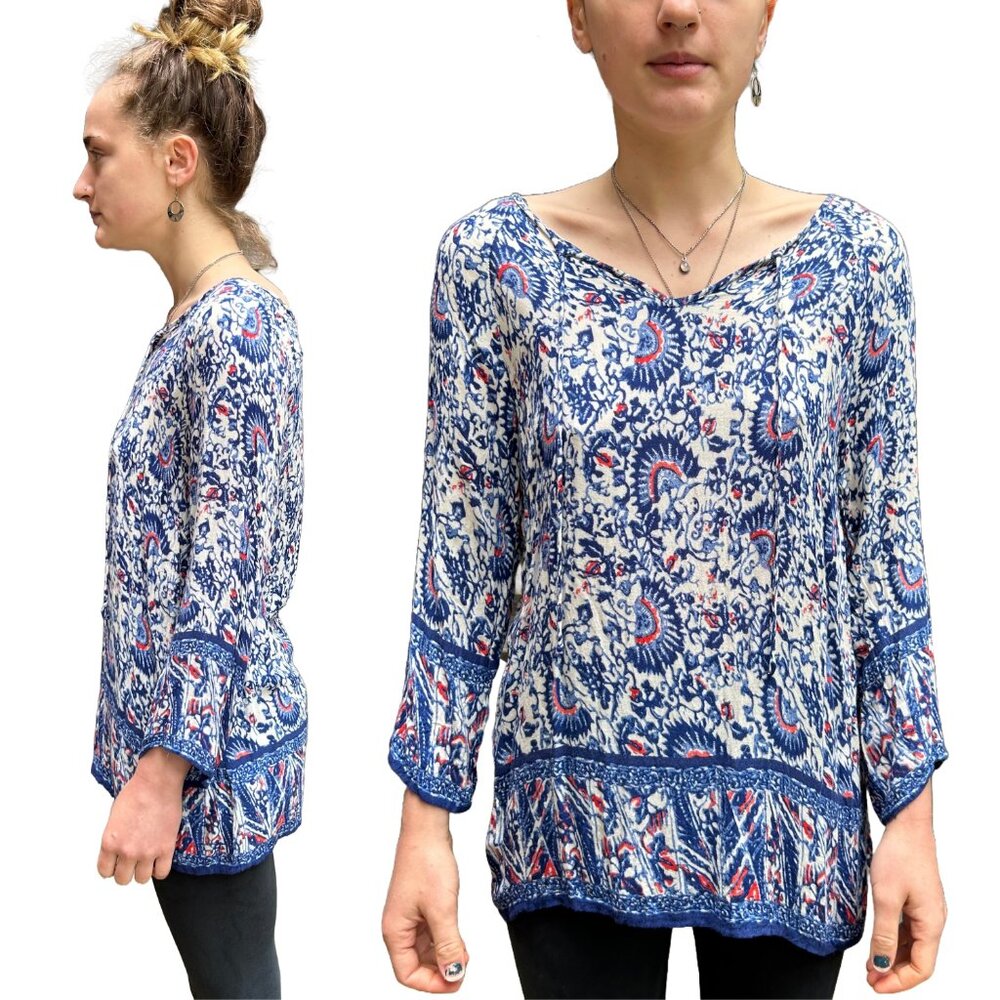 Abstract Indigo Blue Batik Three Quarter Length Flowy Vneck Boho Long Sleeve Top